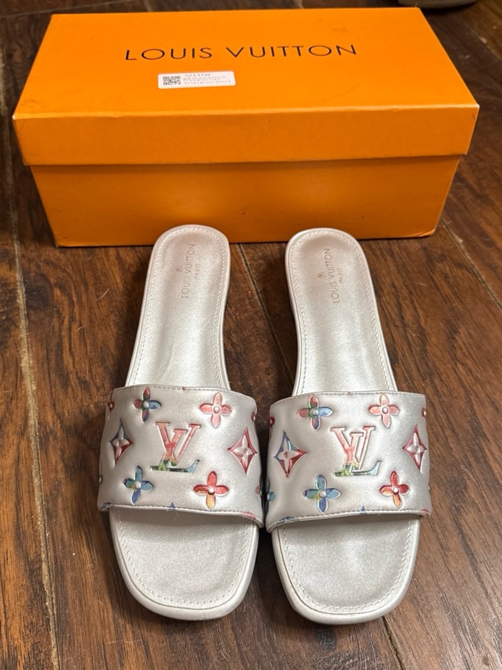 Louis Vuitton Silver Slides with Multicolor Monogram Accents